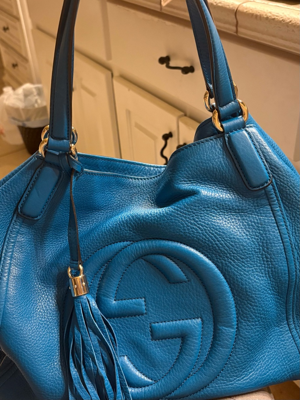 Gucci Turquoise Blue Pebbled Leather Shoulder Bag with Tassel